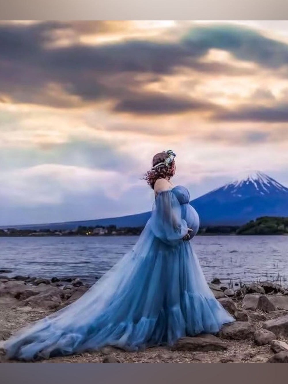 Blue Tulle Maternity Gown with Sheer Sleeves